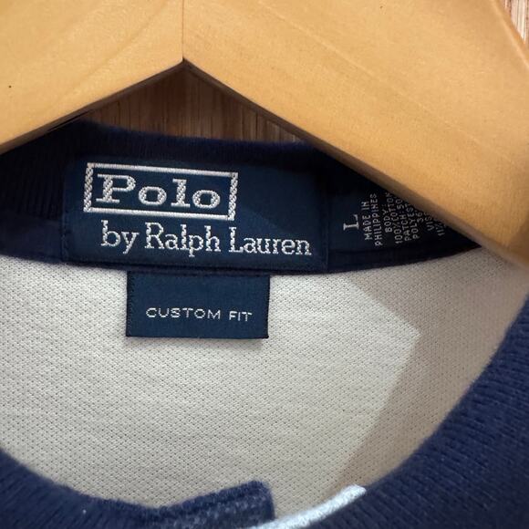 Vintage Polo Ralph Lauren Polo Shirt Short Sleeve White Navy 3 Badge Men's L - Picture 2 of 5